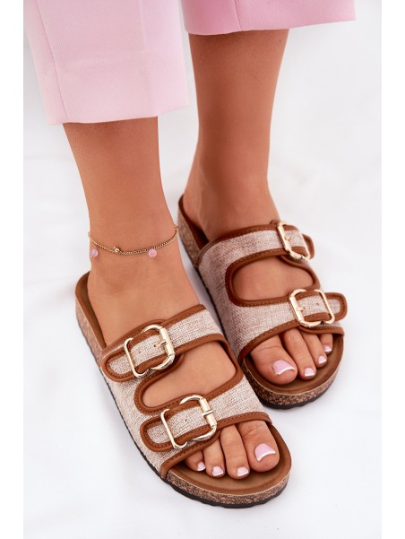 Fabric Women's Slippers on Cork Platform with Buckles Camel Osoffe