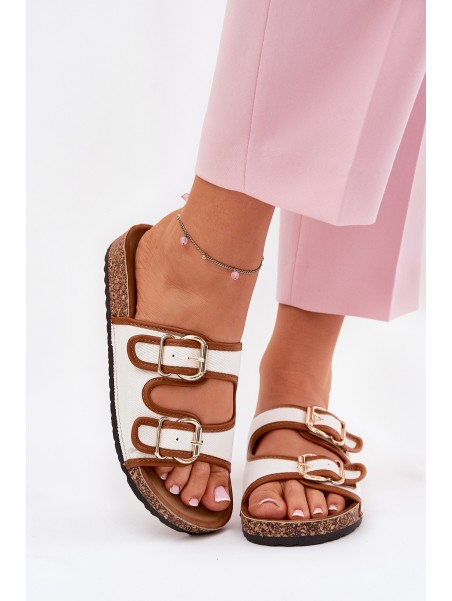 Women's Fabric Slippers On Cork Platform With Buckles White Osoffe