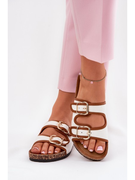 Women's Fabric Slippers On Cork Platform With Buckles White Osoffe