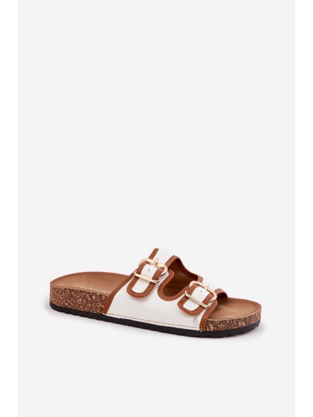Women's Fabric Slippers On Cork Platform With Buckles White Osoffe