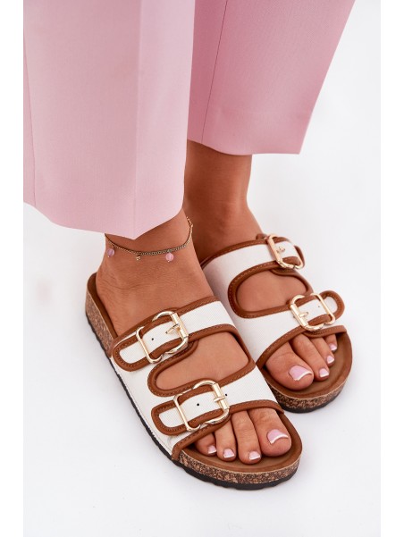 Women's Fabric Slippers On Cork Platform With Buckles White Osoffe