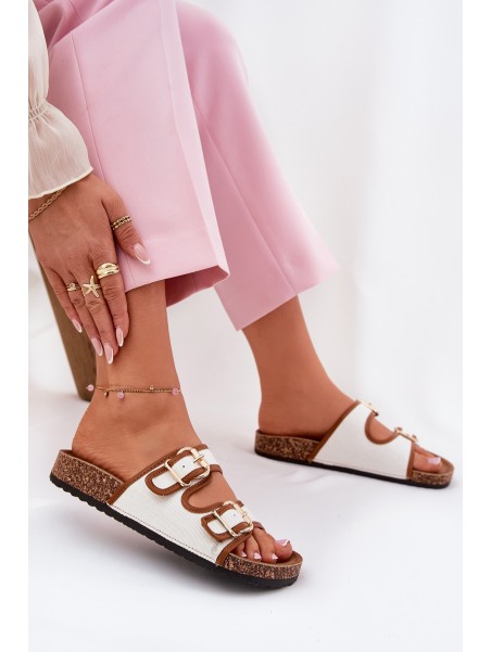 Women's Fabric Slippers On Cork Platform With Buckles White Osoffe