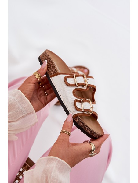 Women's Fabric Slippers On Cork Platform With Buckles White Osoffe