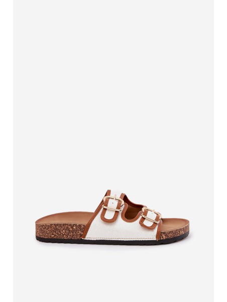 Women's Fabric Slippers On Cork Platform With Buckles White Osoffe
