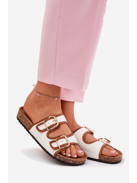 Women's Fabric Slippers On Cork Platform With Buckles White Osoffe