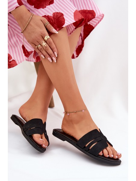 Women's Flat Sandals With Cutouts Eco Suede Black Teterre