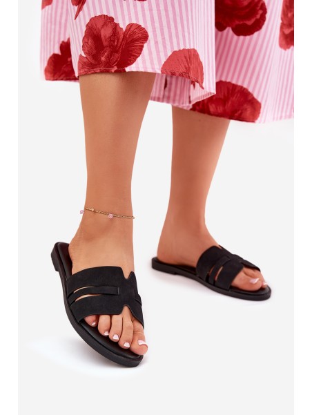 Women's Flat Sandals With Cutouts Eco Suede Black Teterre