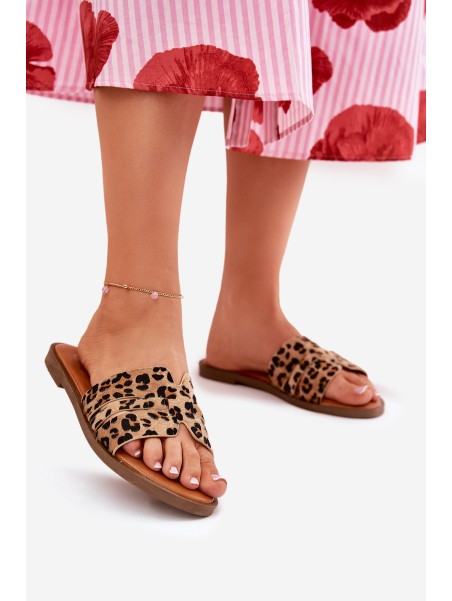 Womens Flat Heeled Sandals With Cutouts Leopard Print Brown Teterre