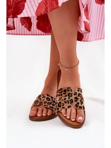 Womens Flat Heeled Sandals With Cutouts Leopard Print Brown Teterre