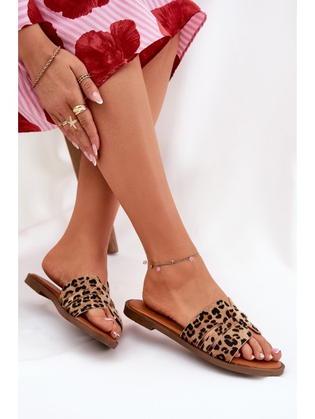 Womens Flat Heeled Sandals With Cutouts Leopard Print Brown Teterre