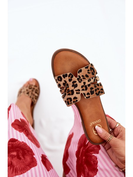 Womens Flat Heeled Sandals With Cutouts Leopard Print Brown Teterre