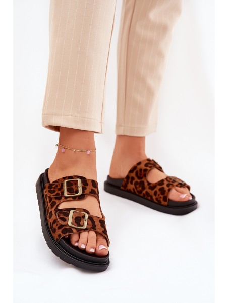 Women's Platform Slides With Leopard Print And Buckles Brown Simbes