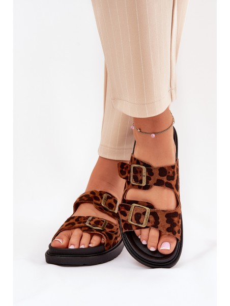 Women's Platform Slides With Leopard Print And Buckles Brown Simbes