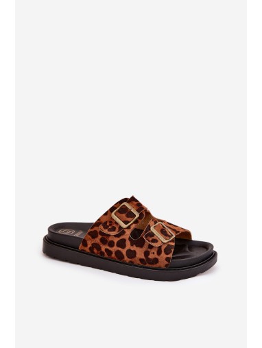 Women's Platform Slides With Leopard Print And Buckles Brown Simbes