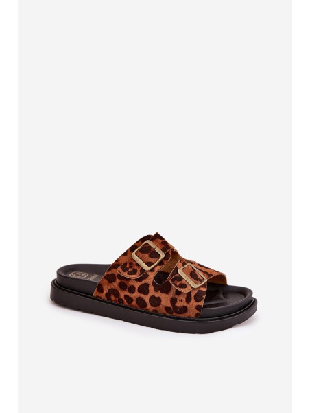 Women's Platform Slides With Leopard Print And Buckles Brown Simbes