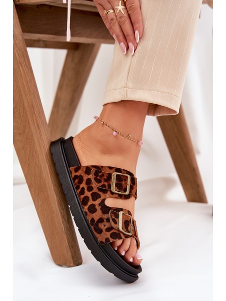 Women's Platform Slides With Leopard Print And Buckles Brown Simbes