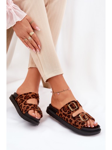 Women's Platform Slides With Leopard Print And Buckles Brown Simbes
