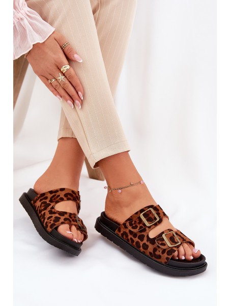 Women's Platform Slides With Leopard Print And Buckles Brown Simbes