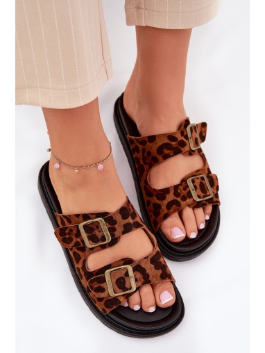 Women's Platform Slides With Leopard Print And Buckles Brown Simbes