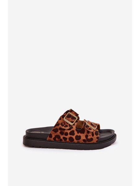 Women's Platform Slides With Leopard Print And Buckles Brown Simbes