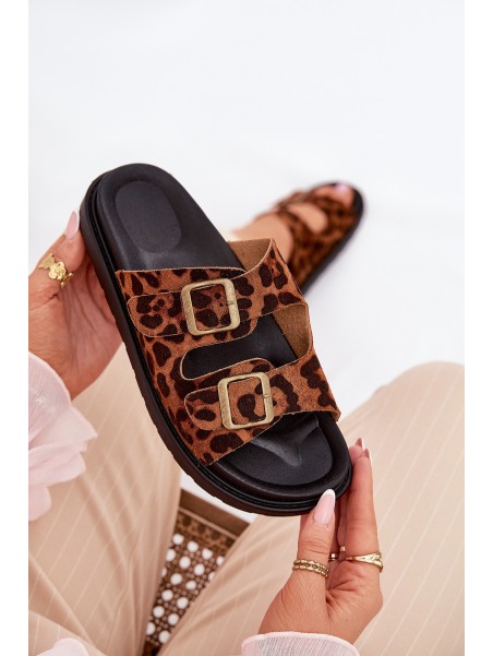 Women's Platform Slides With Leopard Print And Buckles Brown Simbes