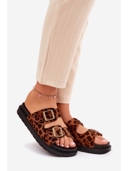 Women's Platform Slides With Leopard Print And Buckles Brown Simbes