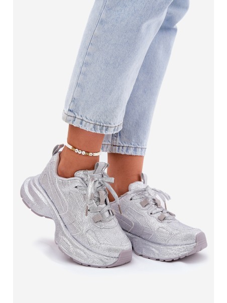 Women's Sneakers Decorated with Rhinestones Silver Porrot