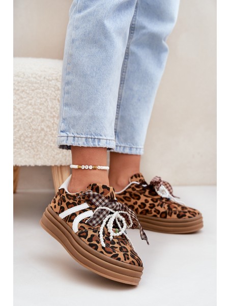 Women's sneakers in leopard print on platform with decorations brown Vinness