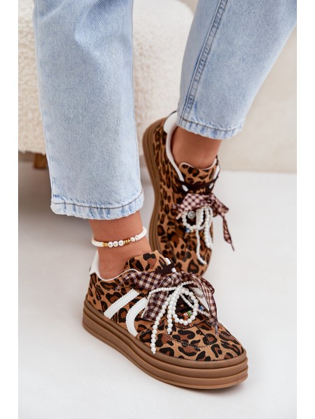 Women's sneakers in leopard print on platform with decorations brown Vinness