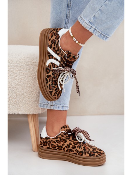 Women's sneakers in leopard print on platform with decorations brown Vinness