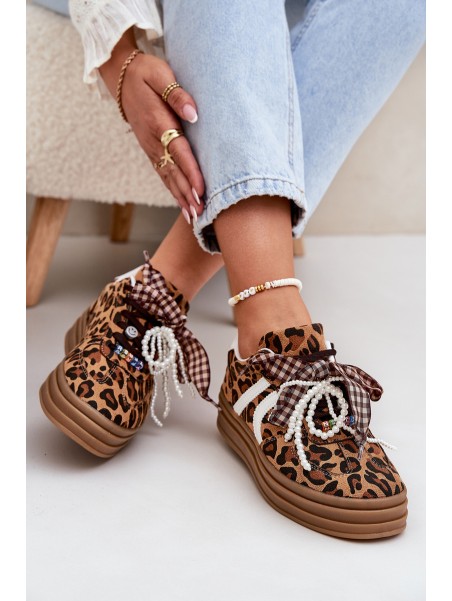 Women's sneakers in leopard print on platform with decorations brown Vinness