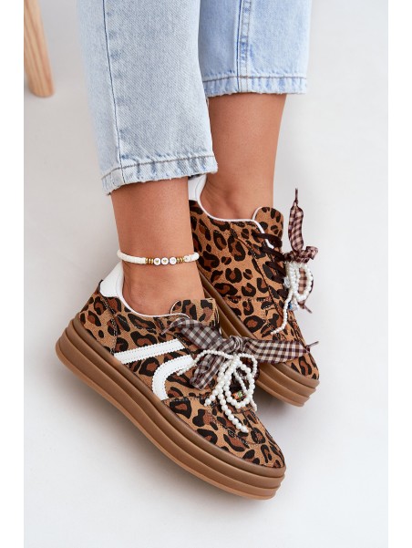 Women's sneakers in leopard print on platform with decorations brown Vinness