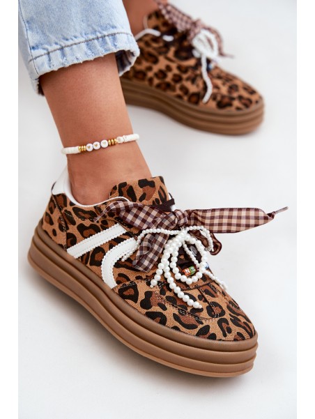 Women's sneakers in leopard print on platform with decorations brown Vinness