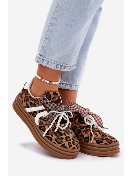Women's sneakers in leopard print on platform with decorations brown Vinness