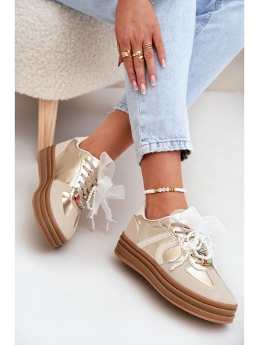 Women's Platform Sneakers With Decorations Beige-Gold Vinness