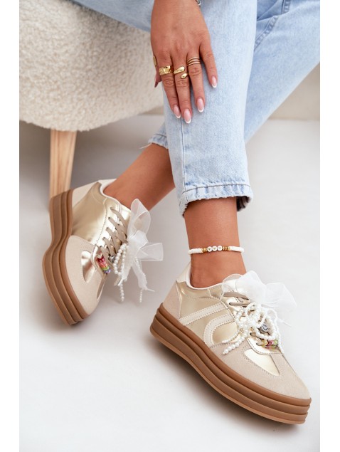 Women's Platform Sneakers With Decorations Beige-Gold Vinness