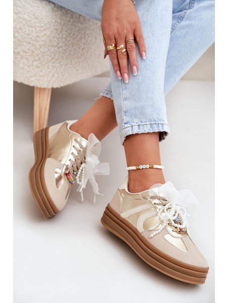 Women's Platform Sneakers With Decorations Beige-Gold Vinness