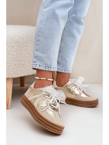 Women's Platform Sneakers With Decorations Beige-Gold Vinness 2
