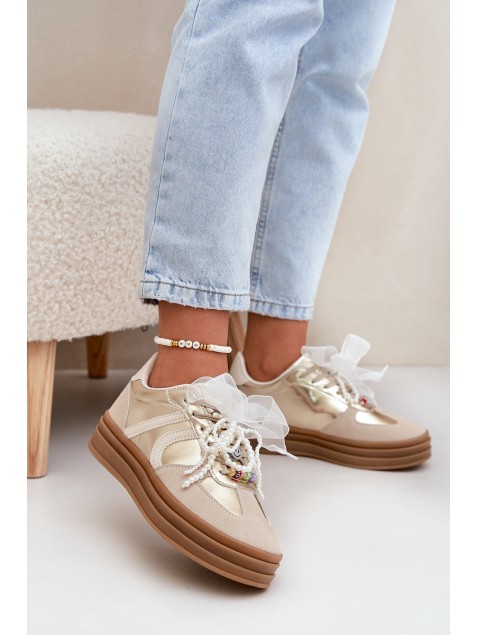Women's Platform Sneakers With Decorations Beige-Gold Vinness
