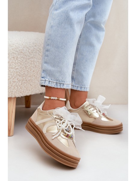 Women's Platform Sneakers With Decorations Beige-Gold Vinness