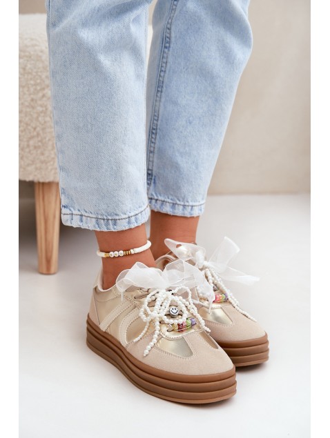 Women's Platform Sneakers With Decorations Beige-Gold Vinness