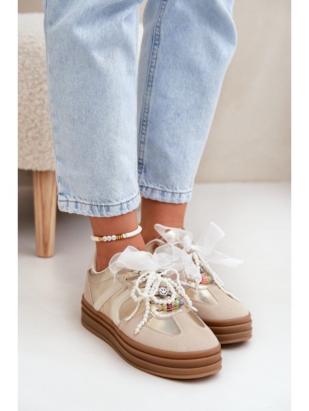 Women's Platform Sneakers With Decorations Beige-Gold Vinness