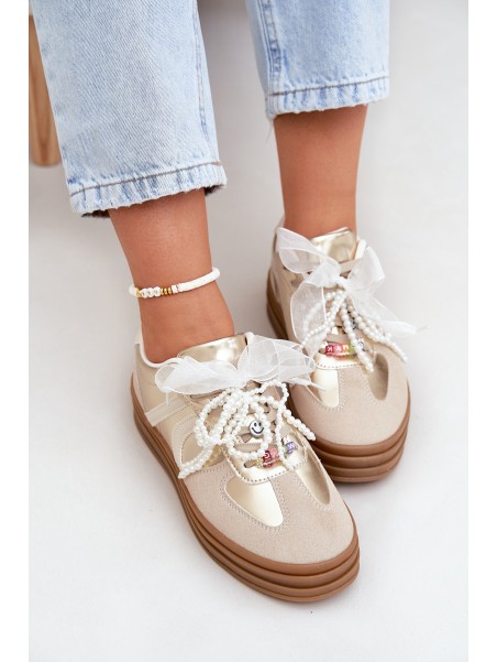Women's Platform Sneakers With Decorations Beige-Gold Vinness
