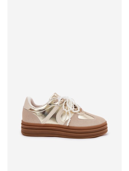 Women's Platform Sneakers With Decorations Beige-Gold Vinness
