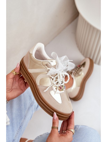 Women's Platform Sneakers With Decorations Beige-Gold Vinness