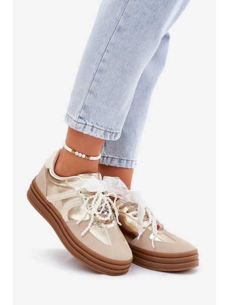 Women's Platform Sneakers With Decorations Beige-Gold Vinness