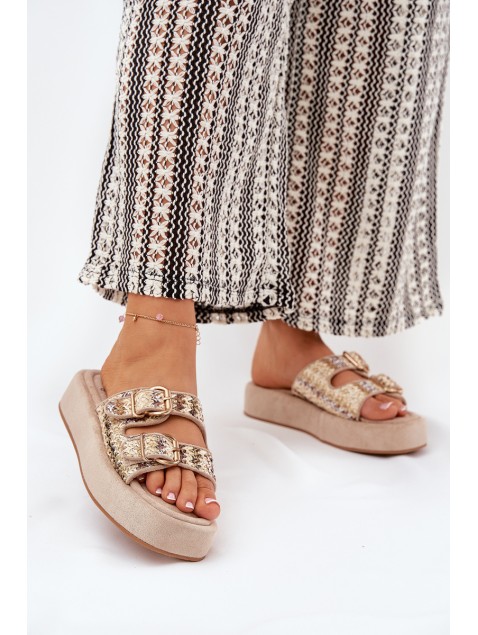 Women's Platform Sandals With Buckles And Weaving Khaki Limme