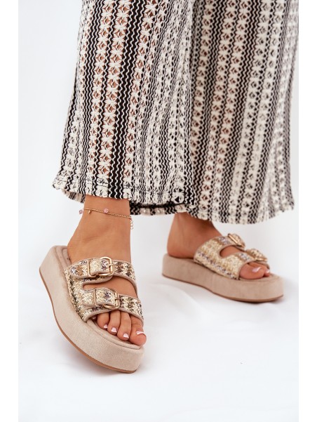 Women's Platform Sandals With Buckles And Weaving Khaki Limme