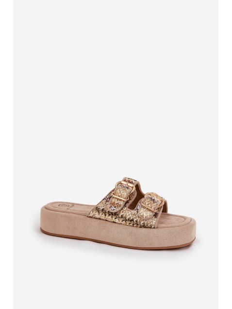 Women's Platform Sandals With Buckles And Weaving Khaki Limme