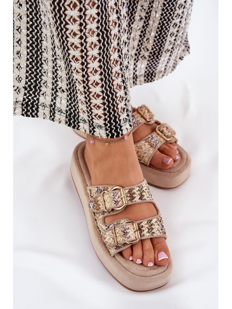 Women's Platform Sandals With Buckles And Weaving Khaki Limme
